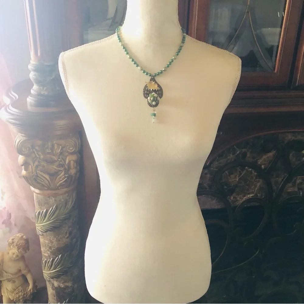 Handcrafted repurpose sage freshwater brass pendant Czech glass Pearl necklace